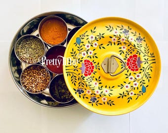 Hand Painted Masala Dabba: Indian Spice Box with Steel Pots