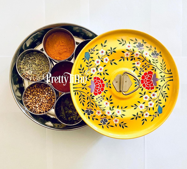 Yellow spice tin 
spice storage 
spice tin with spoon 
spice storage  
yellow kitchen accessories
