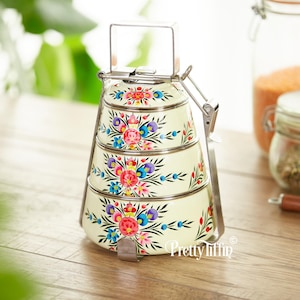 Thai Tiffin Eco Lunchbox Vintage Floral 3 Compartments Indian Tiffin Hand Painted, India Tiffin Box, Dabba, Lunch Pail, Food Carrier,