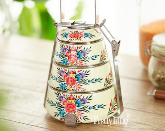 Hand-Painted Floral Indian Tiffin Lunch Box - 3 Tier Eco Food Carrier