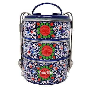 Asiatische Tiffin Lunchbox handbemalt drei Fächer, indische Tiffin Dose, Lunch Dabba, Fach Lunchbox, Lunchbox, Lunchbag