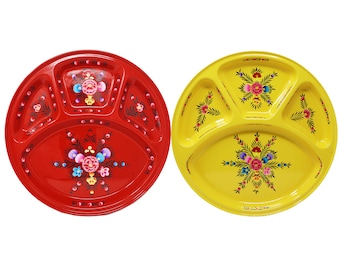Hand-Painted Floral Picnic Plate Set: Stainless Steel Thali Tray