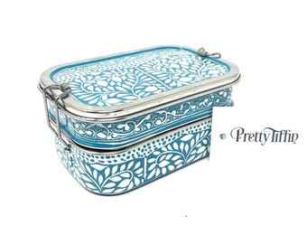 Caja Bento de acero inoxidable pintada a mano en color verde azulado, lonchera con compartimentos separados, lonchera Bento de metal, lata para sándwich, caja para refrigerios,