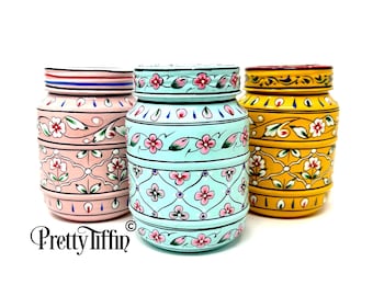 Hand Painted Kitchen Canisters Trio, Storage Caddy Set, Set Of Three Storage Tins, Tea, Coffee, Sugar Tins, Spice Jar, Kitchen Storage,