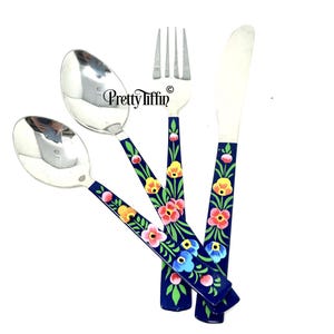 Hand Painted Cutlery Set, Luxury Cutlery Set, Stainless Steel Cutlery Set, Dinner Set, Knife and Fork Set, Blue Table Deco, Picnic Cutlery