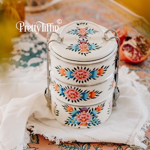 Traditional Tiffin Lunchbox, Steel Lunchbox with Handle, Three Compartment Lunchbox, Hand Painted Indian Tiffin Box, Dabba, Tiffin Tin,