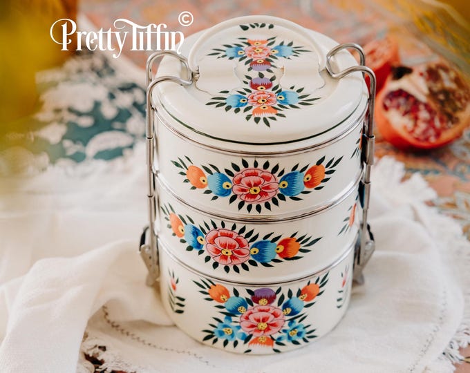 Hand Painted Indian Tiffin Lunchbox: Three-Tier Steel Dabba