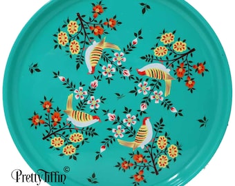Stunning Hand Painted Serving Tray featuring birds and flowers, Drinks Tray, Cocktail Tray, Tea Tray, Decorative Tray, Round Tray.