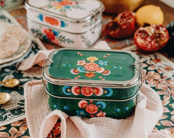 Hand Painted Asian Bento Box Two Compartment Lunchbox Square