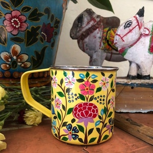 Hand Painted Enamel Mug with Floral Design, Stainless Steel Mug, Folk Art, Tin Mug, Eco Cup image 2