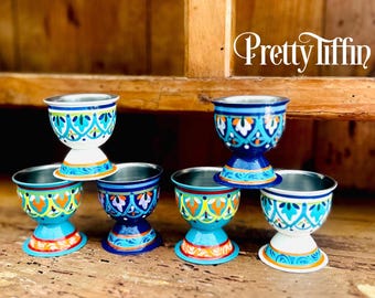 Set Of Three Hand painted Egg Cups, Stainless Steel Egg Cup, Set Of Egg Cups, Egg Server, Egg Stand, Breakfast Egg Cups, Boiled Egg Holder,