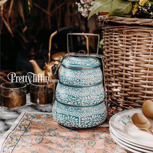 Handbemalte indische Tiffin Lunchbox mit hübschem Paisley-Design, Emaille Lunchbox, Eco Lunchbox, Edelstahl Lunchbox, Traditionelles Tiffin