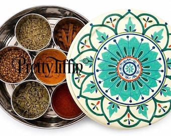 Hand Painted Masala Dabba Spice Tin, Spice Dabba, Beautiful Masala Box, Spice Storage, Air Tight Spice Tin, Spice Box, Gift For Cooks