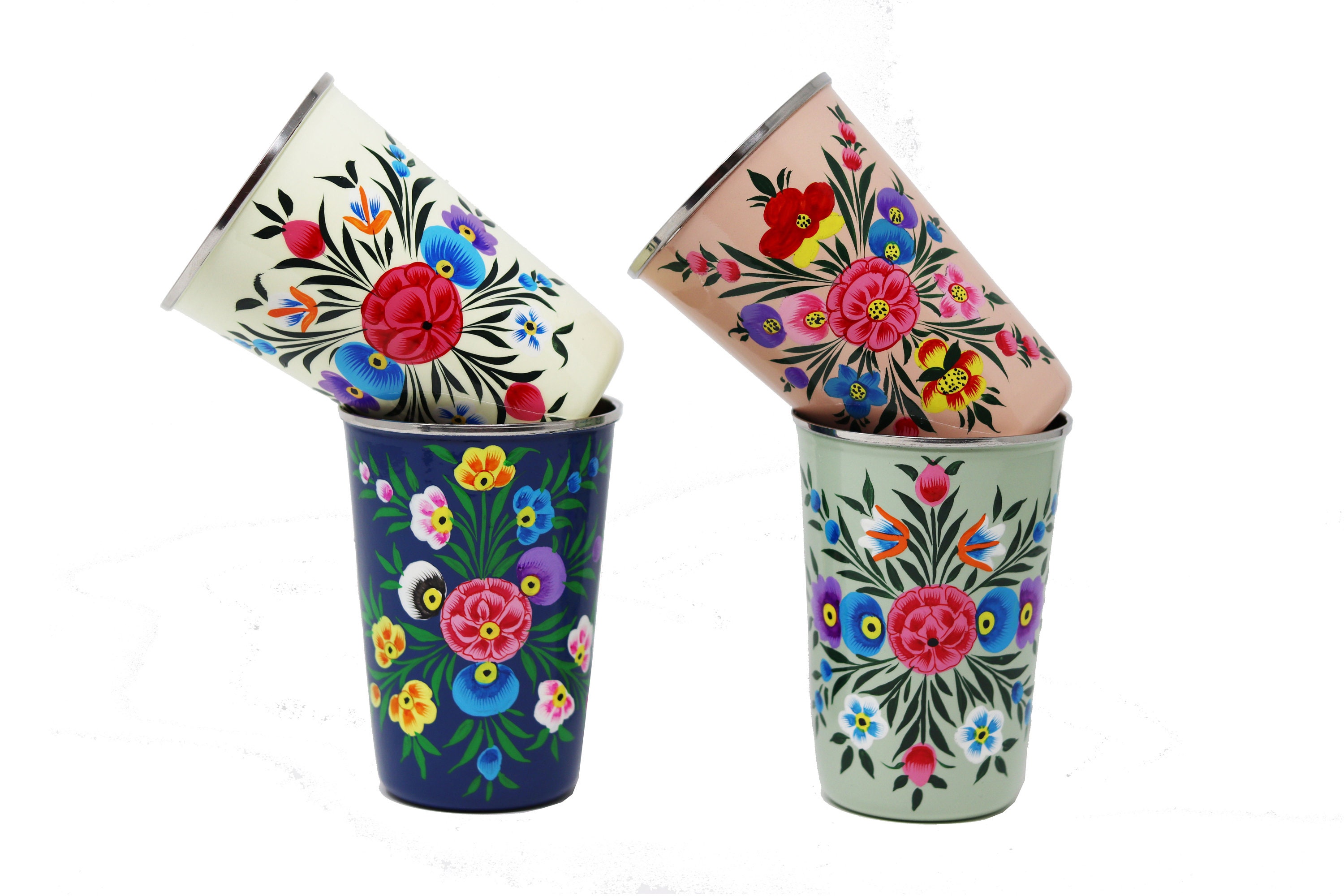 Stainless Steel Cups bhanga / Enamel-coated and Hand-decorated