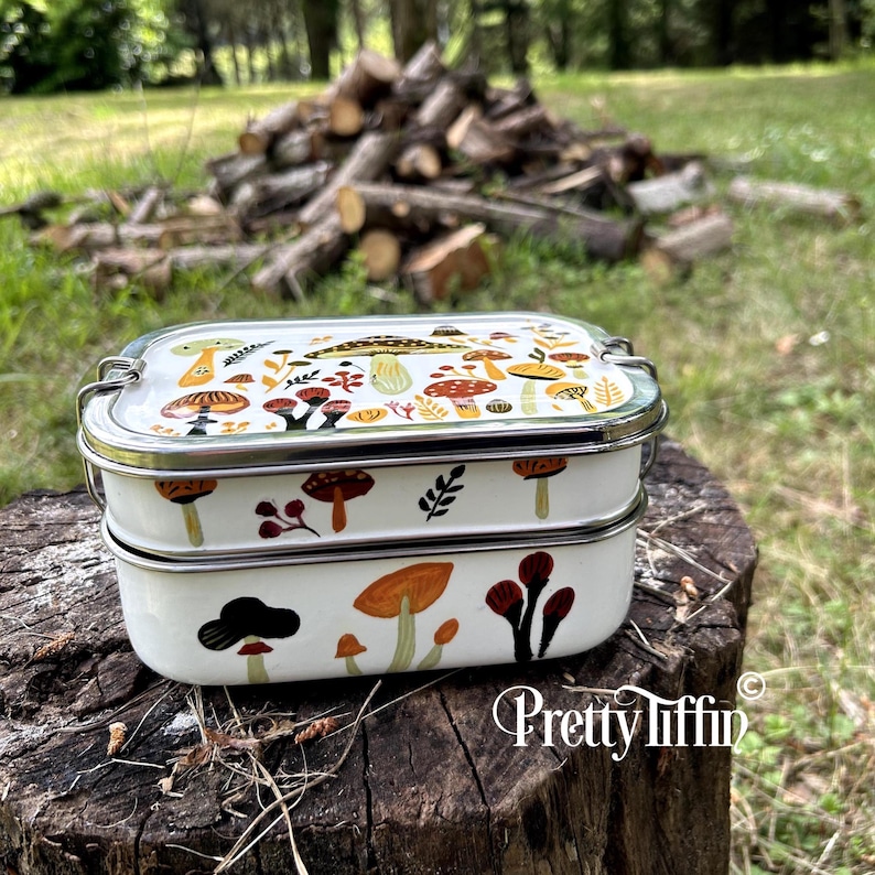 Stainless Steel bento box  
mushroom art 
foragers gift 
gift for nature lover  
compartment lunchbox