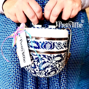 Round Tiffin Lunchbox, William Morris, Tiffin Tin, dabba, Lunch Pail, Lunch Dabba, Hand Painted Tiffin box, Indian Tiffin Tin, Gift Idea,