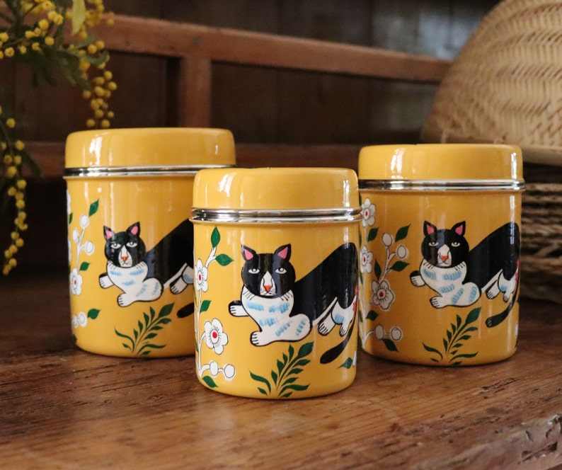 Classic Canister Set 
Retro Tea Caddy 
Yellow Tin 
Canister Trio Tins