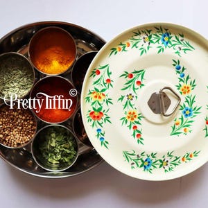 Vintage spice box 
masala dabba 
hand painted spice tin 
cream spice tin 
spice storage