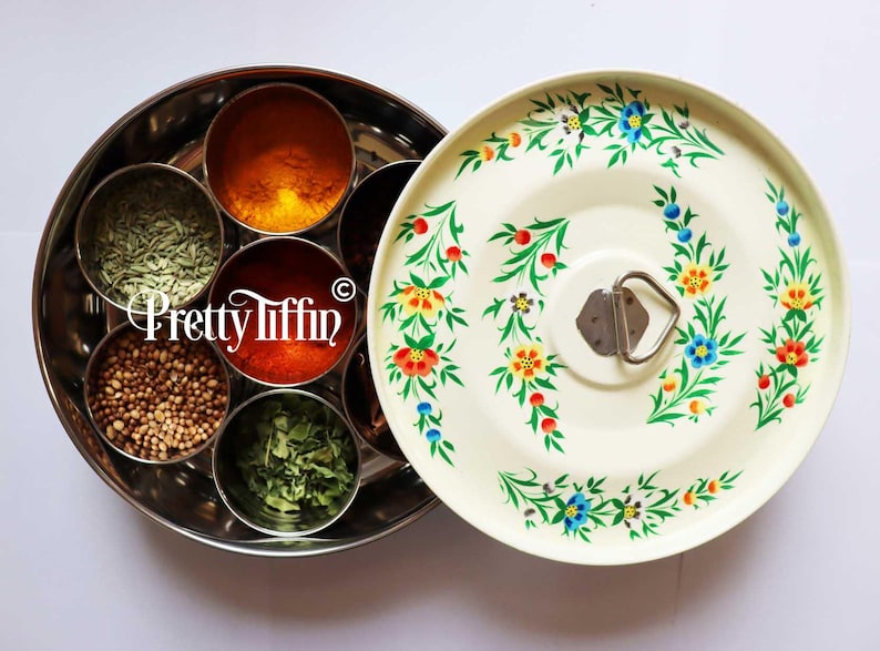 Vintage spice box 
masala dabba 
hand painted spice tin 
cream spice tin 
spice storage