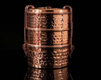 Copper Hammered Traditional Indian Tiffin Lunchbox, 3 Compartment lunchbox, Dabba box, Lunch Pail, Copper Lunchbox