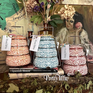 A Beautiful Hand Painted Tiffin Tin with a decorative Paisley design, This Stainless Steel Tiffin Lunchbox features three compartments.