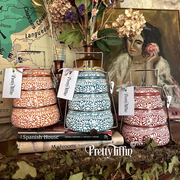 A Beautiful Hand Painted Tiffin Tin with a decorative Paisley design, This Stainless Steel Tiffin Lunchbox features three compartments.