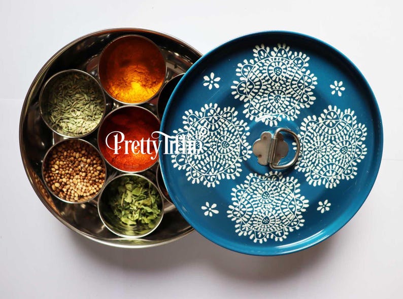 spice tin 
masala dabba 
hand painted spice tin 
spice storage 
spice tin for him 
curry lover gift 
home chef gift idea