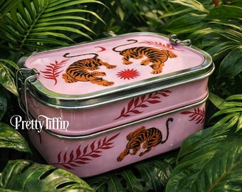 Hand-Painted Tiger Bento Box: Pink Stainless Steel Eco Lunchbox