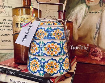 Indian Tiffin Lunchbox, Enamel Lunchbox, Tiffin Carrier, Stainless Steel Lunchbox, Dabba Box, Tiffin Tin, Sicilian Art, Hand Painted