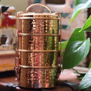 Copper Hammered Traditional Indian Tiffin Lunchbox, 4 Compartment Tiffin, Dabba box. Copper Lunchbox, Lunch Pail, Picnic Box