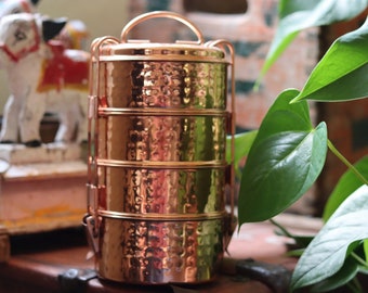 Copper Hammered Traditional Indian Tiffin Lunchbox, 4 Compartment Tiffin, Dabba box. Copper Lunchbox, Lunch Pail, Picnic Box