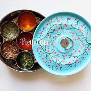 Spice tin 
Spice Box 
Masala Dabba 
Dabba box  
Masala Box
Spice storage 
hand painted spice tin 
Blue kitchen accessories