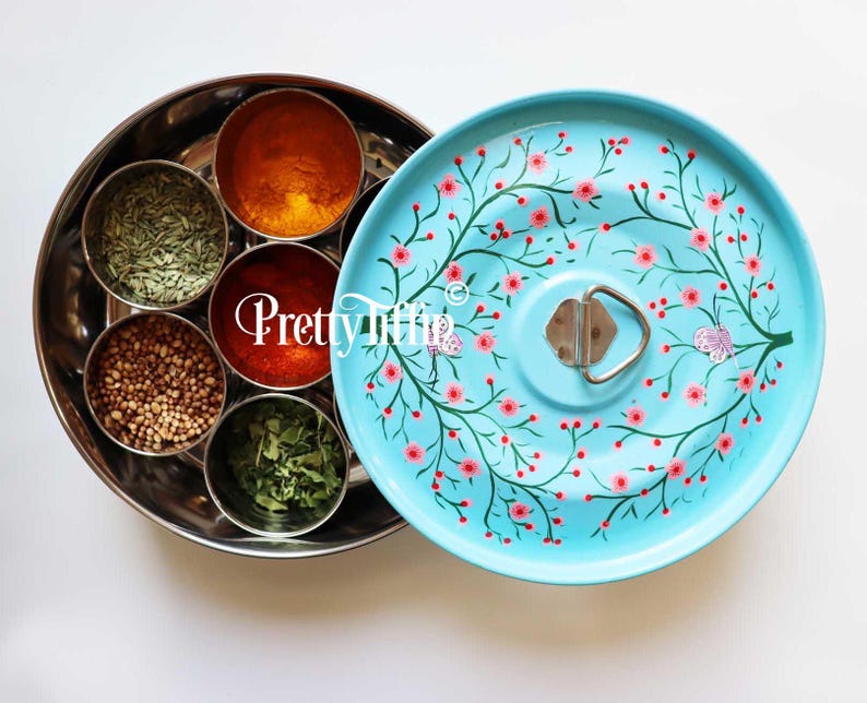 Spice tin 
Spice Box 
Masala Dabba 
Dabba box  
Masala Box
Spice storage 
hand painted spice tin 
Blue kitchen accessories