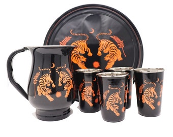 Hand Painted Tiger Motif Black Pitcher and Tumbler Set, Jug and glass set with tray, Flower Jug Camping Jug, Picnic jug and glass set