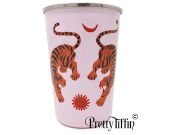 Vaso de acero inoxidable pintado a mano con motivo de tigre, color rosa, ideal para acampar, picnics, como vaso de agua o para festivales.