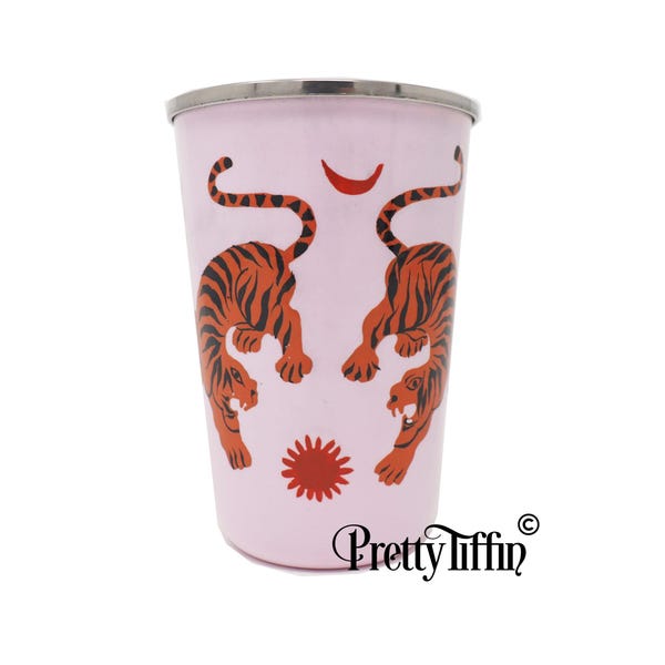 Tiger Motif Hand Painted Stainless Steel Tumbler Metal Cup in Pink, Camping Cup Picnic Cup, Picnic ware, Water Cup, Festival Cup