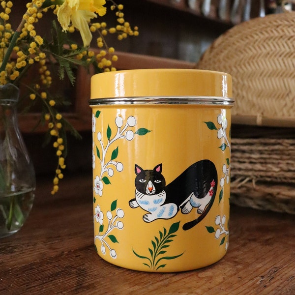 Large Kitchen Canister Storage Tin, Hand painted, Tea Caddy, Canister Tin, Tea Storage, Cat Lover Gift, Yellow Canister Tin, Tea Tin,