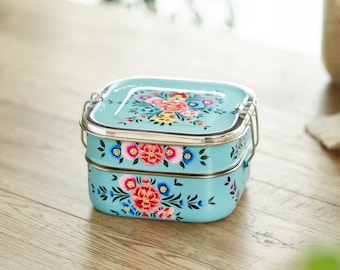 Hand Painted Asian Bento Box Two Compartment Lunchbox Square, Nesting Lunchbox,