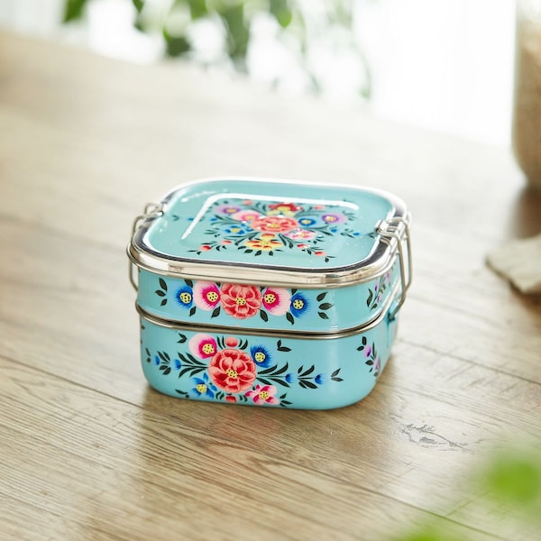 Hand Painted Asian Bento Box Two Compartment Lunchbox Square, Nesting Lunchbox,