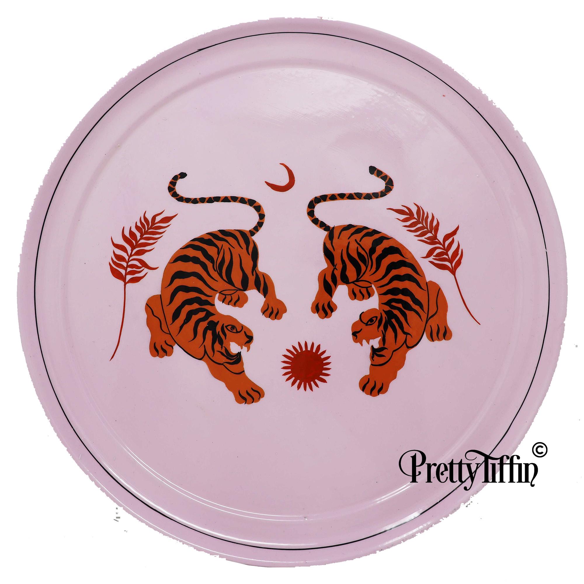 Tiger Motif Pink Hand Painted Serving Tray, Drinks Tray, Cocktail Tray, Tea Tray, Food Tray, Decorative Tray, Round Tray, Tiger Art,
