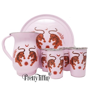 Hand Painted Tiger Motif Pink Pitcher and Tumbler Set, Jug and glass set with tray, Flower Jug, Camping Jug, Picnic jug and glass set,