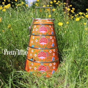 Large Lunch Pail, Indian Tiffin Tin, Hand Painted tiffin box, Stainless Steel Lunch box, Compartment lunch box, picnic hamper, stackable