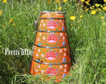 Large Lunch Pail, Indian Tiffin Tin, Hand Painted tiffin box, Stainless Steel Lunch box, Compartment lunch box, picnic hamper, stackable