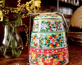 Hand Painted traditional Indian Tiffin Lunchbox, Compartment lunch box, Stainless Steel Lunch box, Dabba Box, Lunch Pail. Jaipur Tiffin Tin,