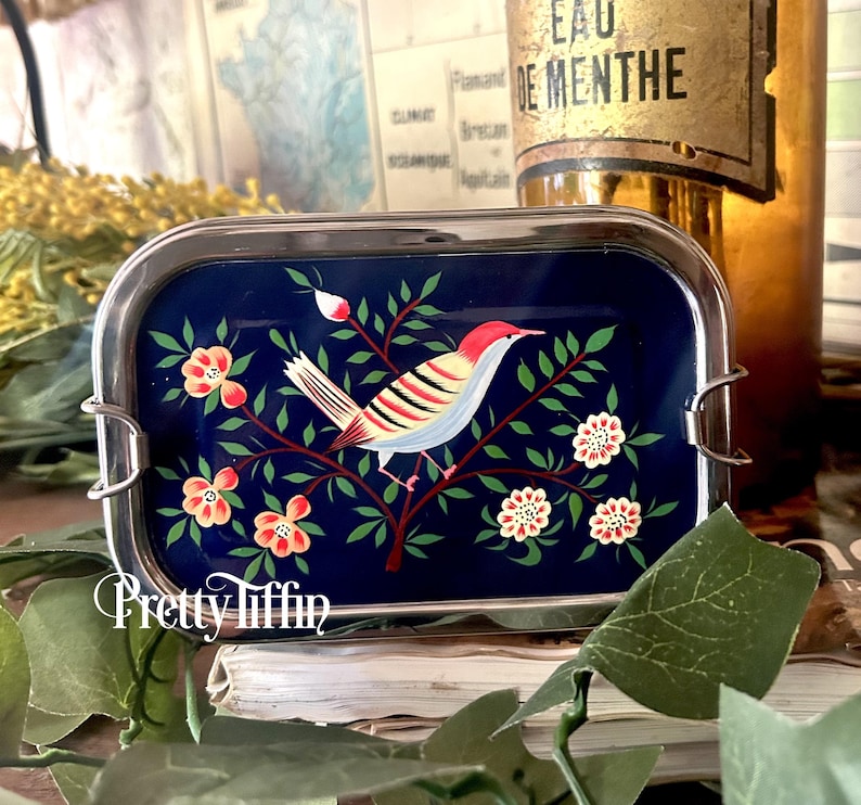 hand painted bento box 
bird art. 
sandwich tin   
snack box