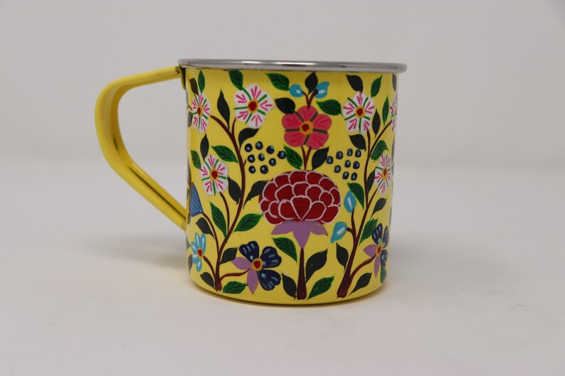 Hand Painted Enamel Mug with Floral Design, Stainless Steel Mug, Folk Art, Tin Mug, Eco Cup image 3