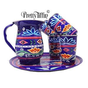Hand Painted Pakistani Truck Art Pitcher and Tumbler Set, Jug Picnic Jug Steel Jug Flower Jug Camping Jug, Picnic jug and glass set