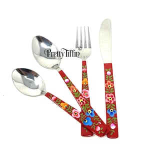 Hand Painted Cutlery Set, Luxury Cutlery Set, Stainless Steel Cutlery Set, Dinner Set, Knife and Fork Set, Red Table Deco, Picnic Cutlery