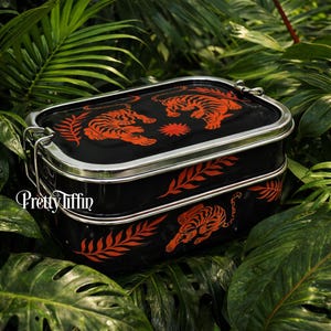 Tiger Motif Hand Painted Bento Lunch Box in Black, Compartment Lunchbox, Sandwich Tin, Eco Lunchbox, Stainless Steel Bento Lunchbox,