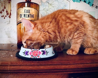 Hand-Painted Floral Cat Bowl: Stainless Steel, Anti-Slip Base